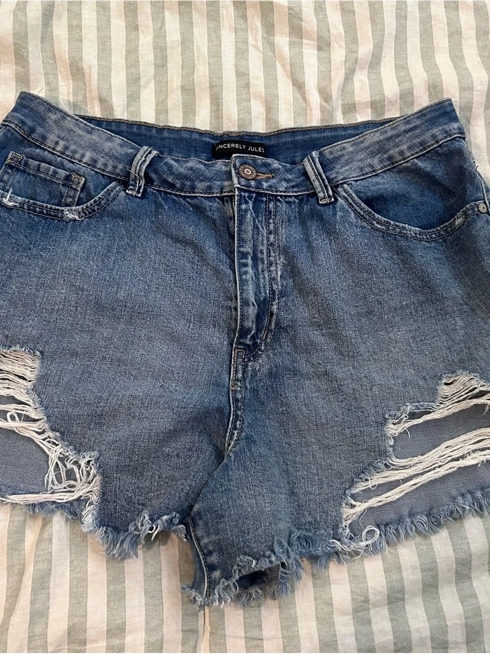 Sincerely Jules Medium Blue Distressed Denim Cutoff Shorts